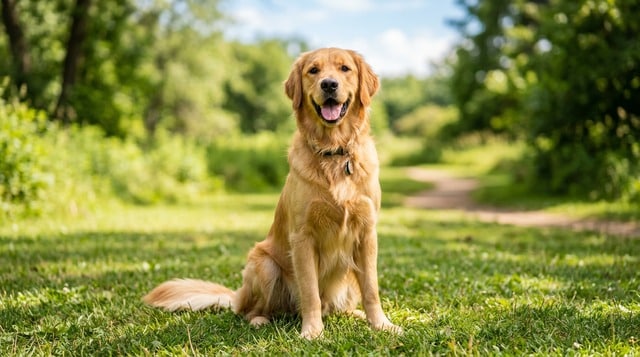 Healthy happy dog sitting outdoors with bright eyes after recovery from yeast infection