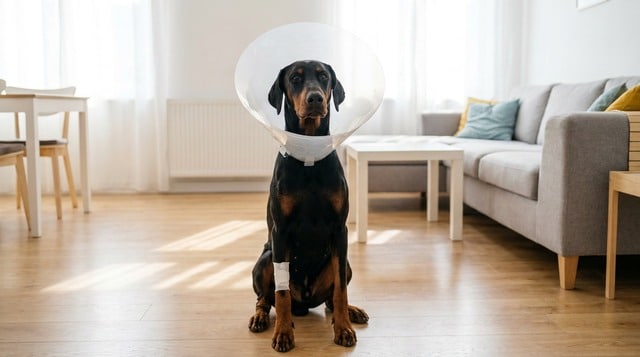 Dog wearing e-collar cone to prevent licking during lick granuloma treatment