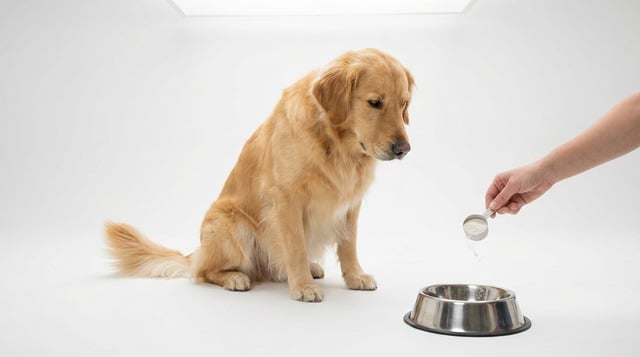 Golden retriever watching omega supplement powder being added to food bowl for skin health