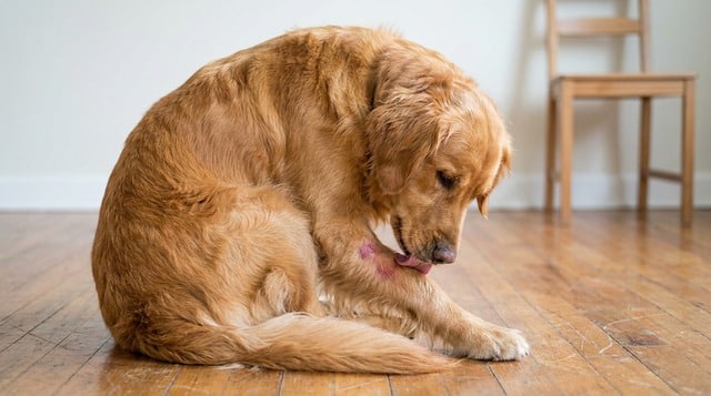 Golden retriever licking and chewing front leg with lick granuloma