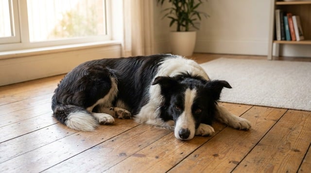 Bored anxious dog lying alone which can lead to lick granuloma from stress