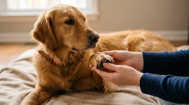Person gently holding and examining a dog paw for signs of yeast infection